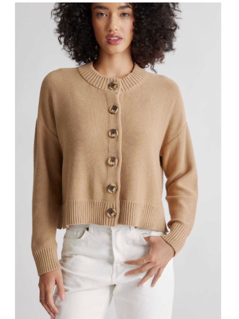 Quince 100% Organic Cotton Crop Crewneck Cardigan Knit Sweater Camel XS